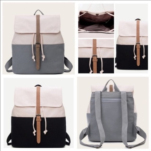 Handbags - 2-Tone Gray & White Canvas Drawstring Backpack